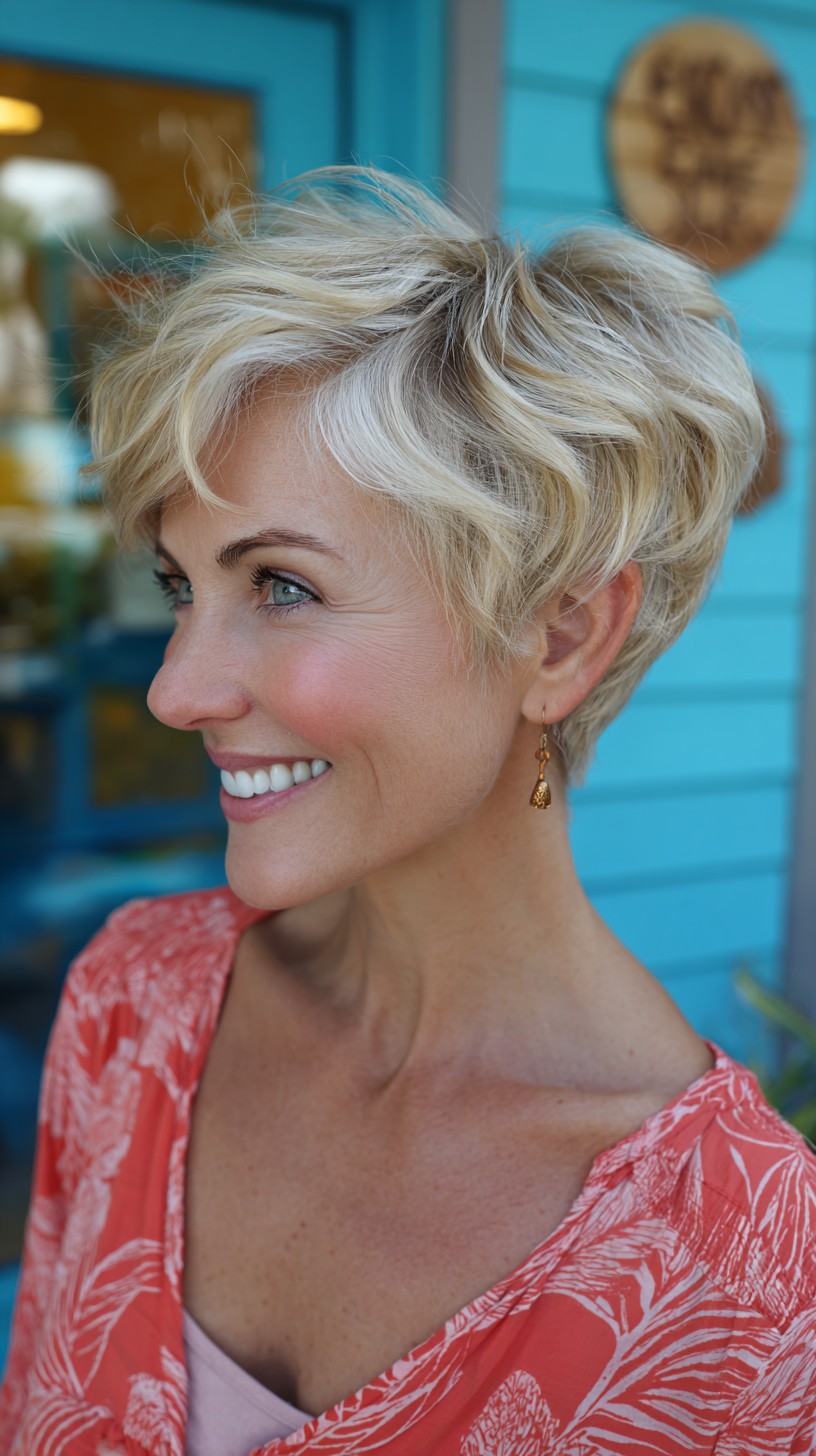 Sunlit Feathered Stacked Pixie with Soft Side Wave