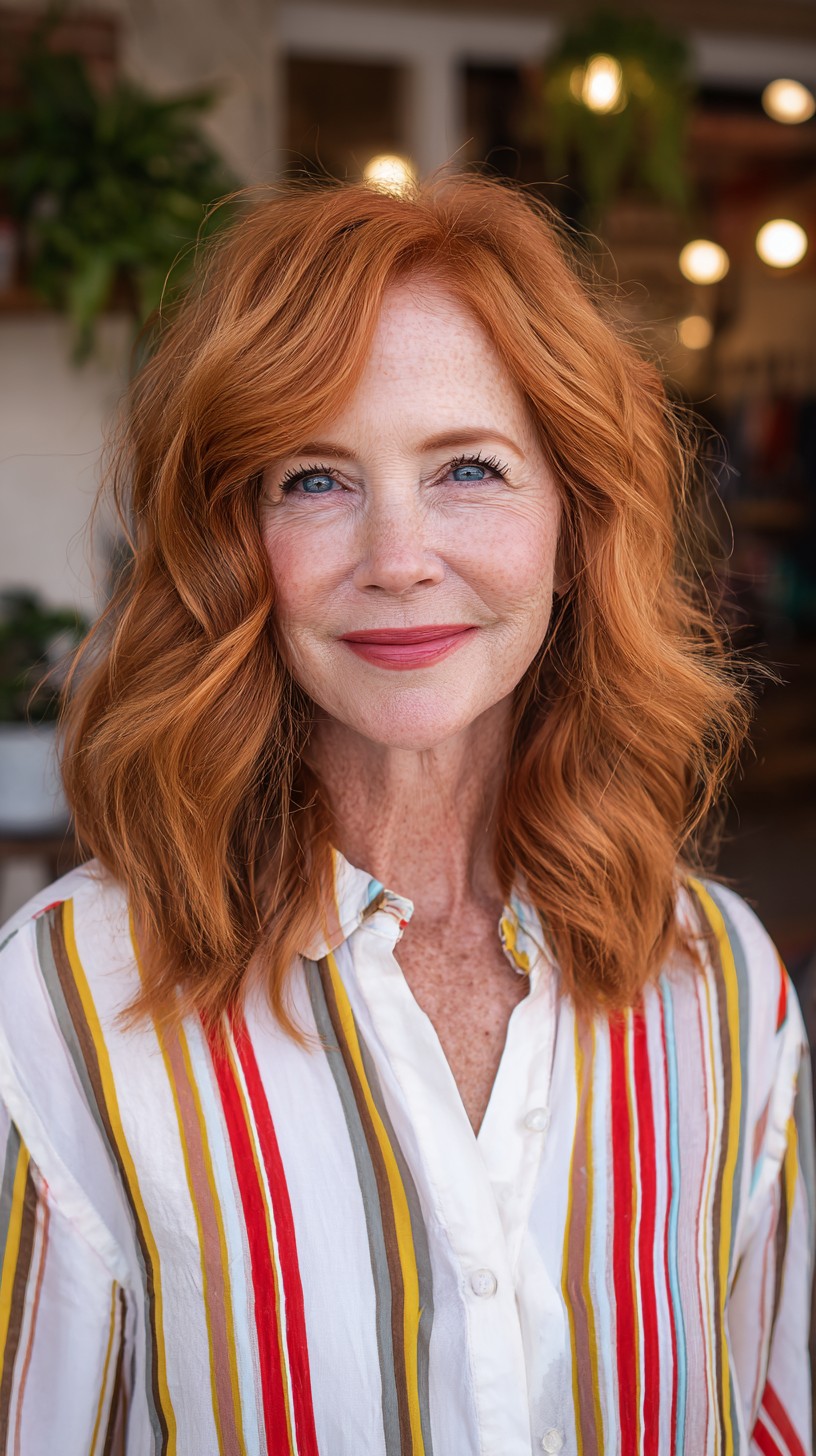 Textured Copper Shoulder-Length Waves with Off-Center Part