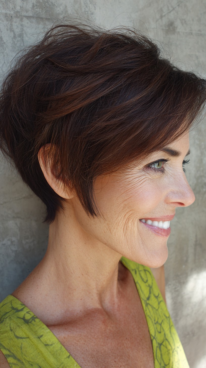 Voluminous Chestnut Stacked Pixie with Soft Diagonal Temple Tab