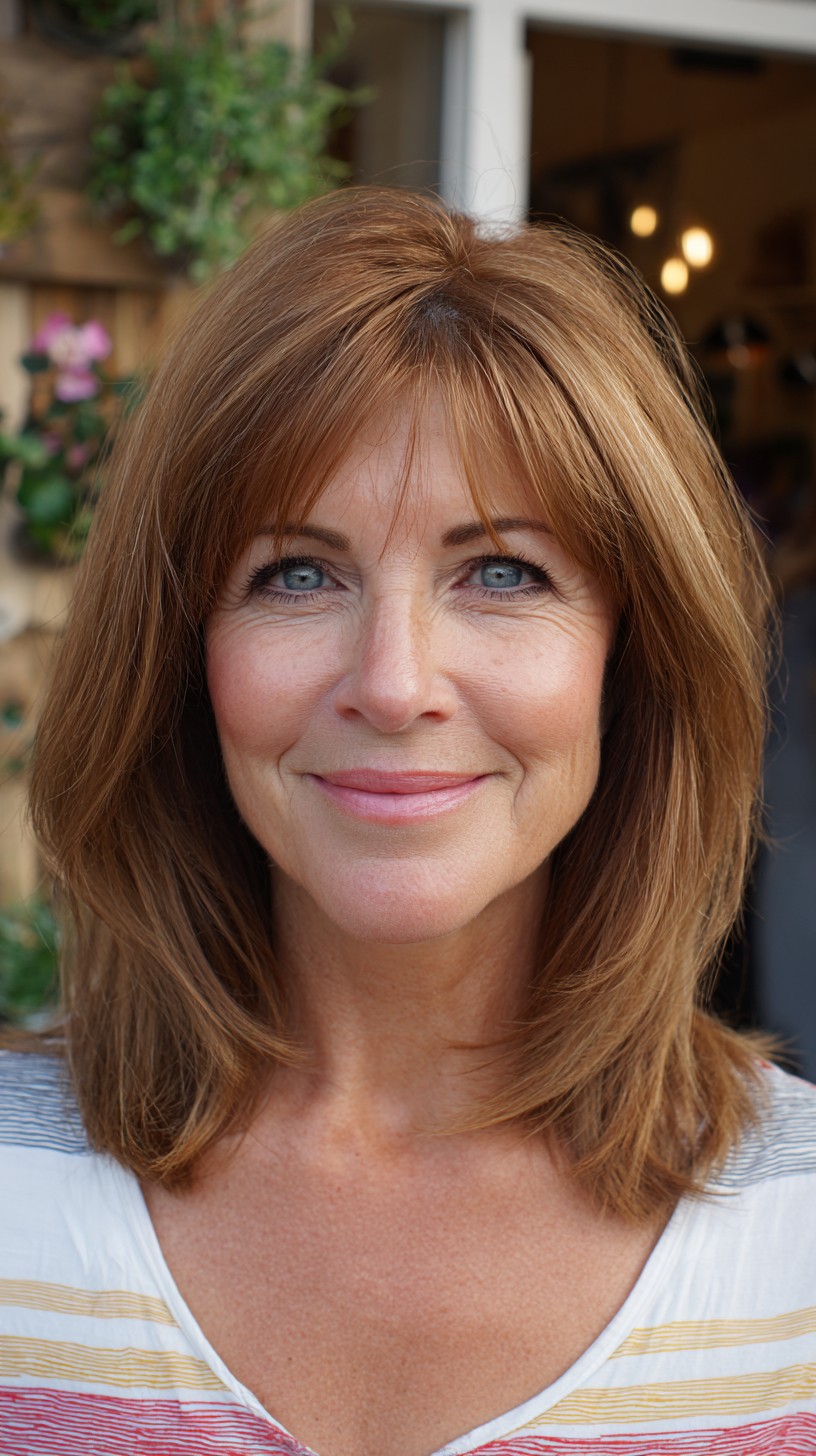 Warm Auburn Mid-Length Layers with Wispy Micro Curtain Fringe