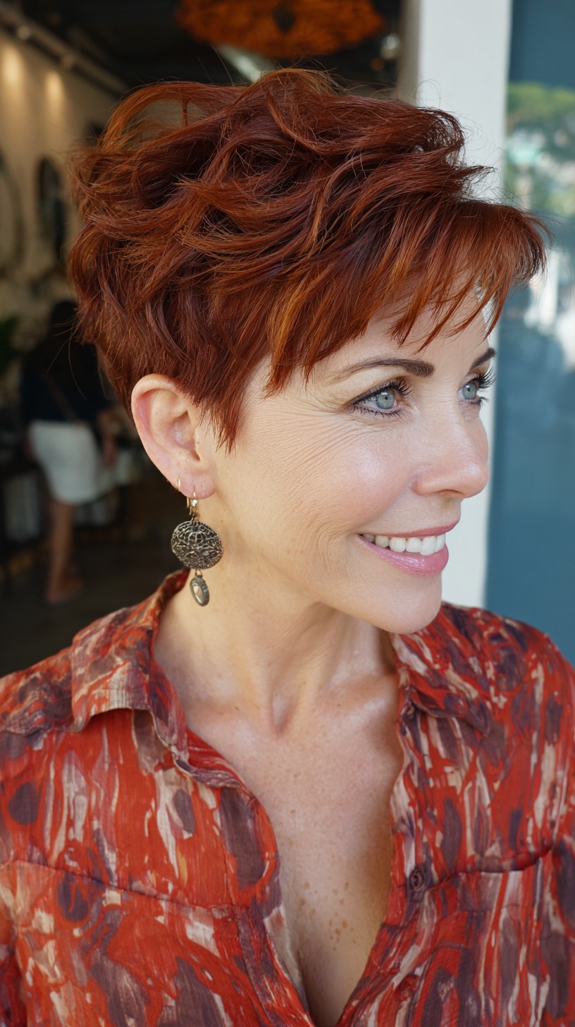 Warm Copper Stacked Pixie with Textured Crown and Diagonal Micro-Fringe