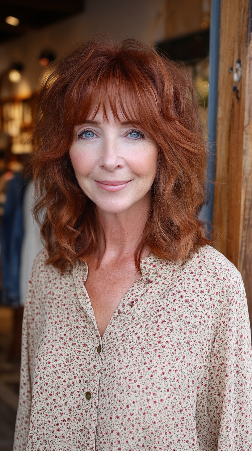 Auburn Shoulder-Length Feathered Shag with Soft Brow-Fringe