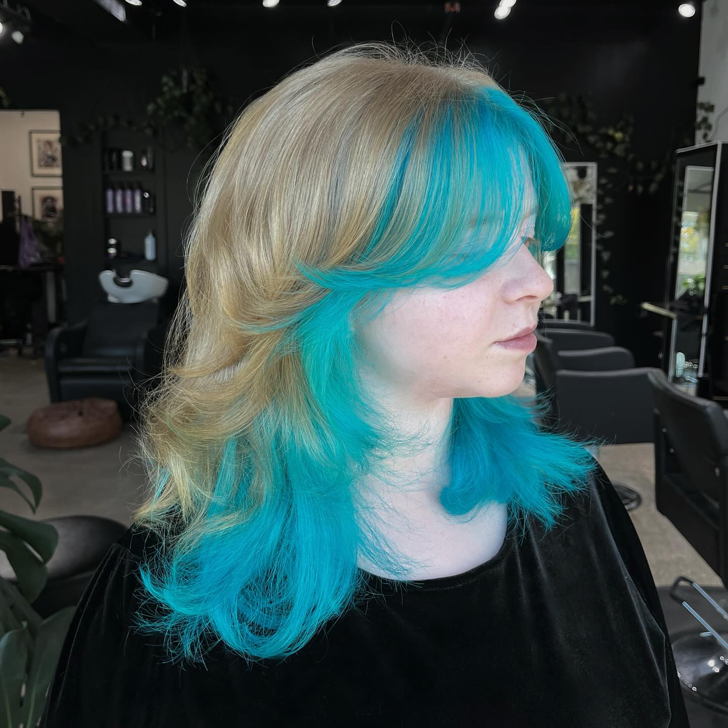 Blonde-to-Turquoise Layered Curtain Fringe with Teal Underlayer
