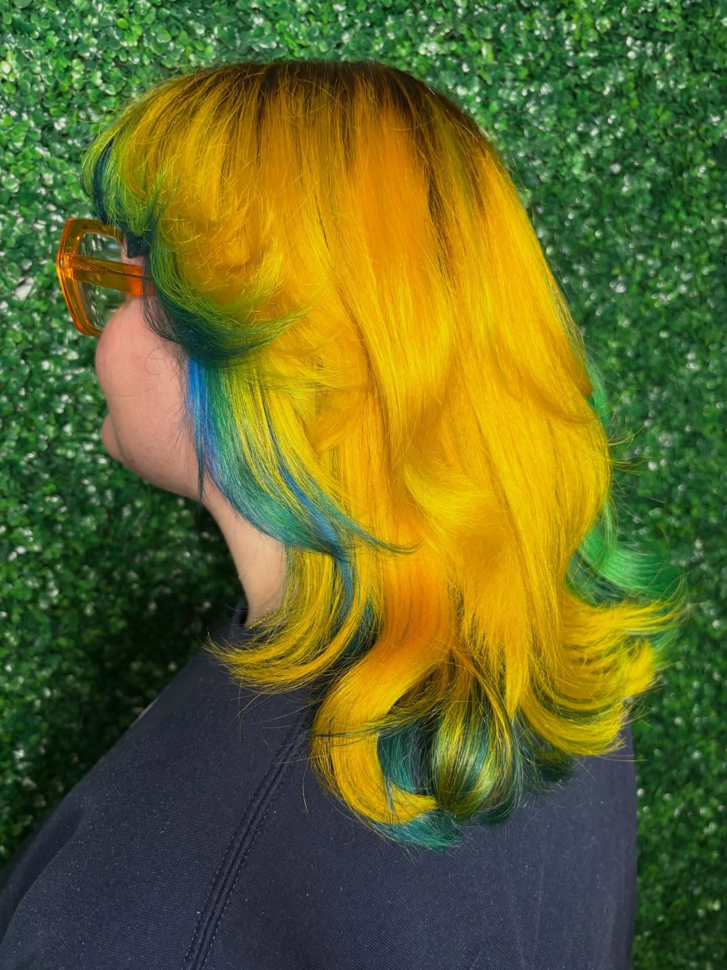 Bright Canary Layered Lob with Teal Peekaboo Underlayer