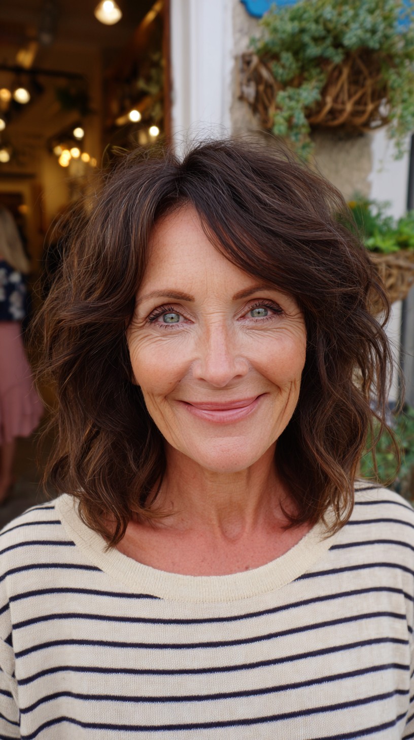 Brunette Shoulder-Length Shag with Lived-In Curtain Layers