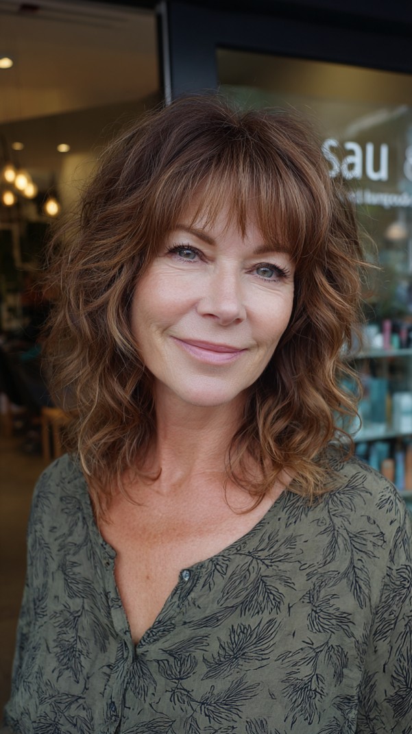 Chestnut Shoulder-Length Boho Shag with Razored Fringe