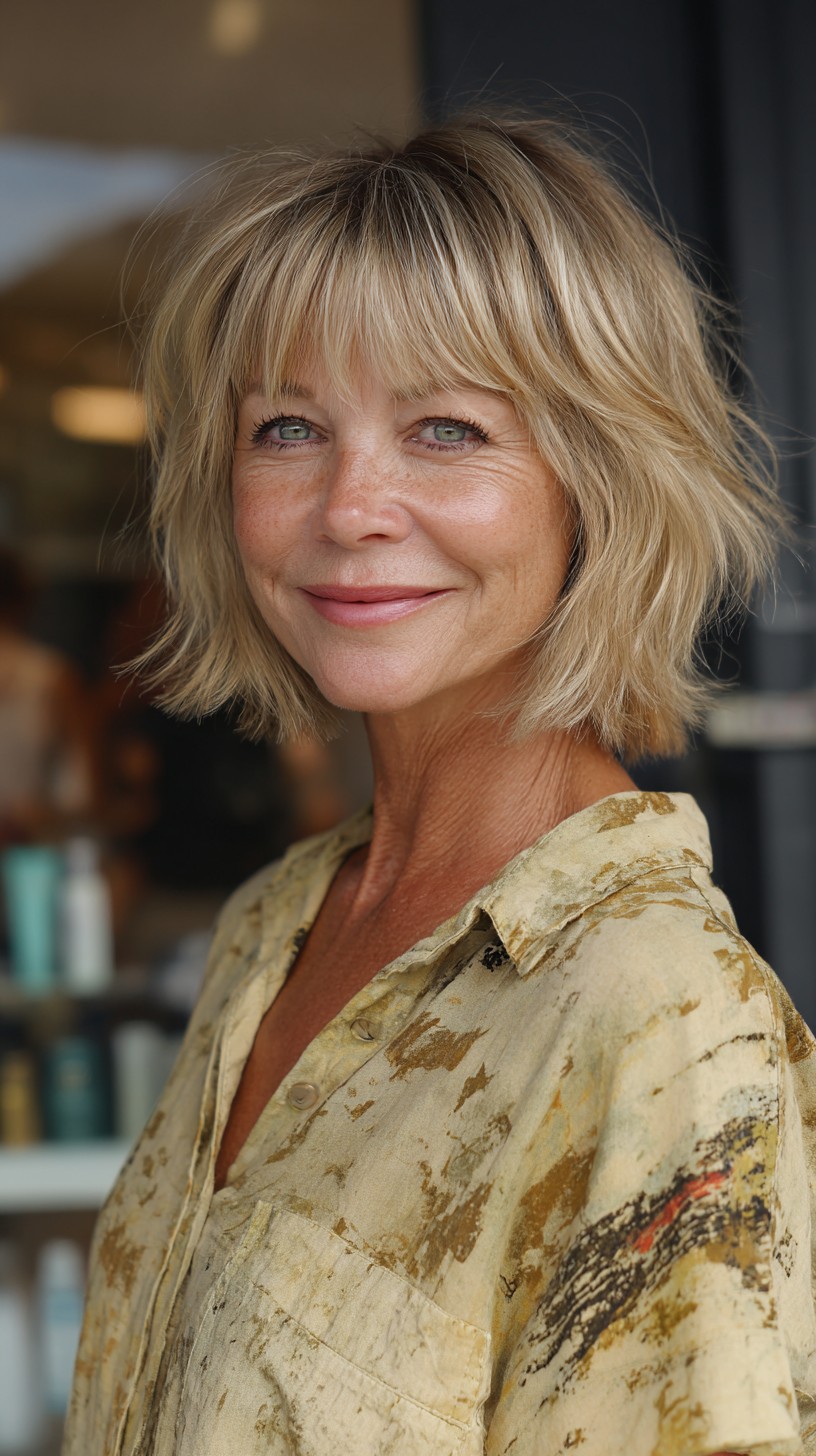 Choppy Chin-Length Blonde Shag with Feathered Fringe