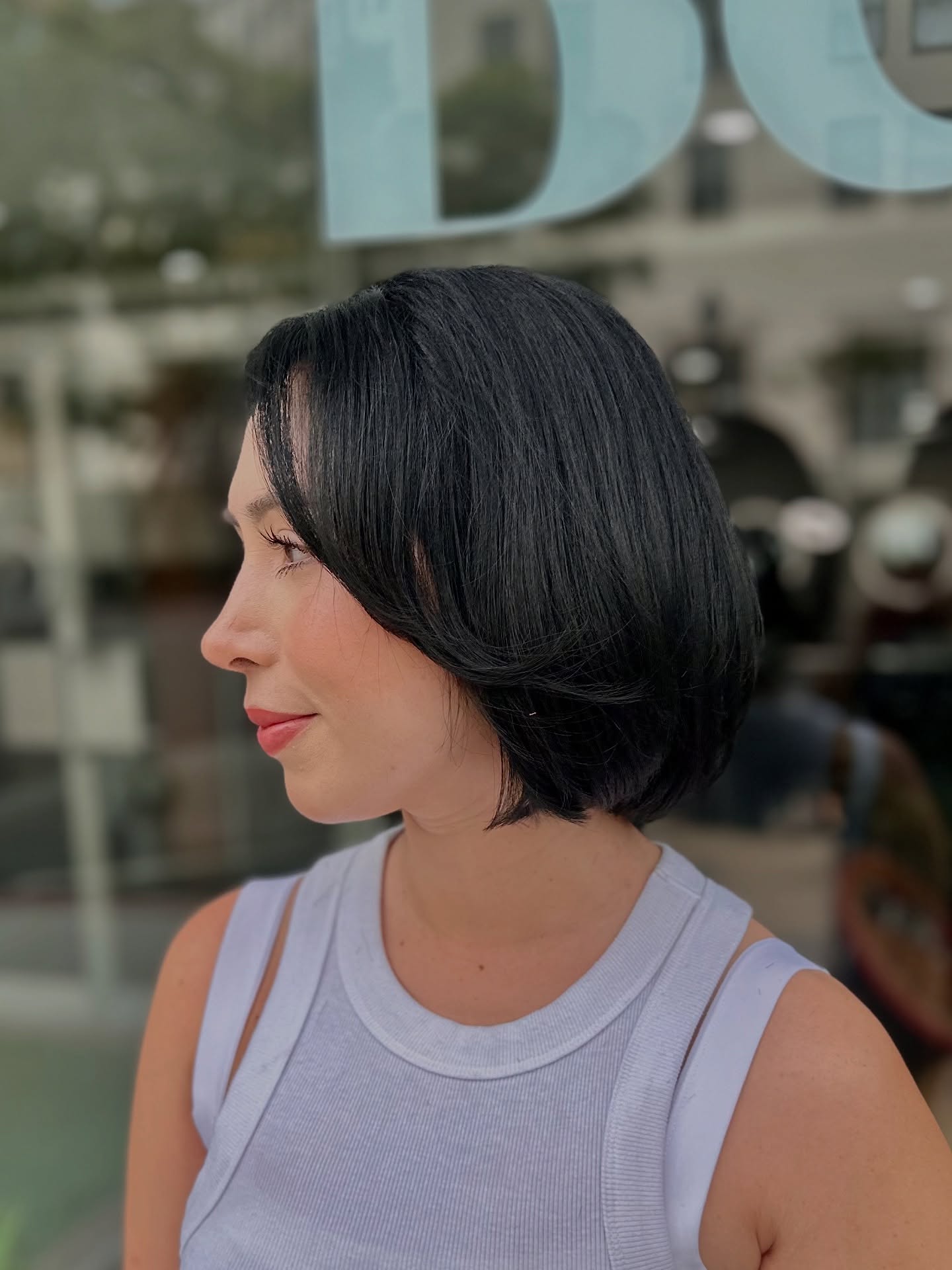 Glossy Deep-Black Rounded Chin-Length Layered Bob with Subtle Side Fringe