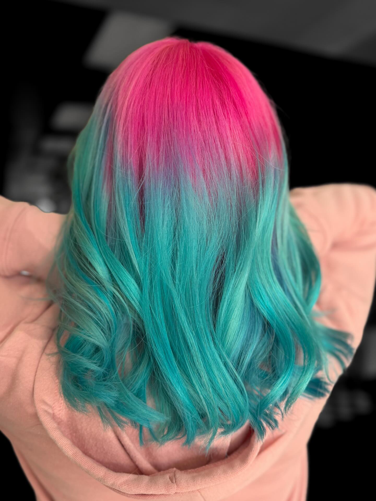 Magenta-to-Teal Ombre Shoulder-Length Lob with Lavender Blend