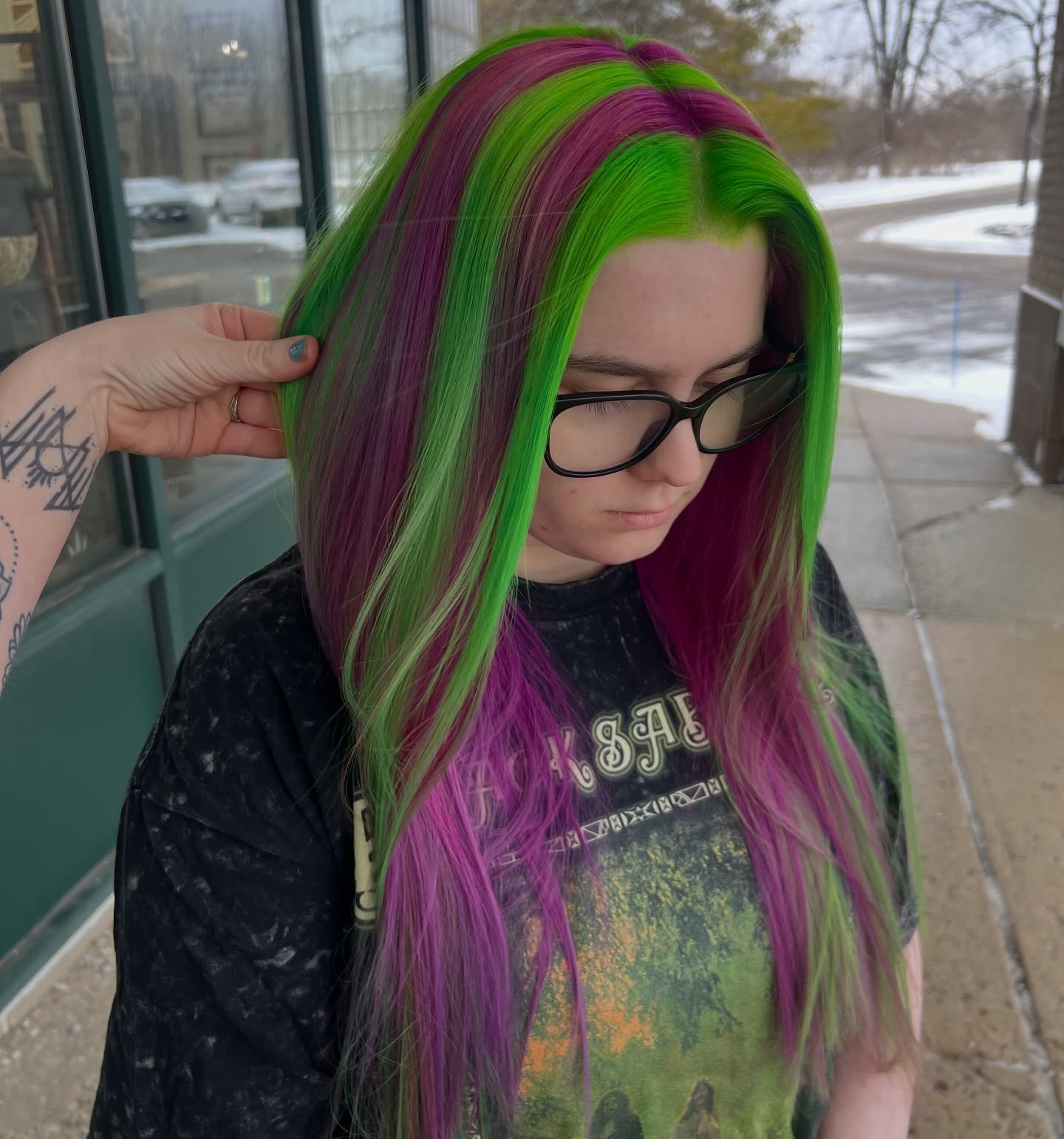 Neon Green and Magenta Panel-Sliced Long Layers with Center Part