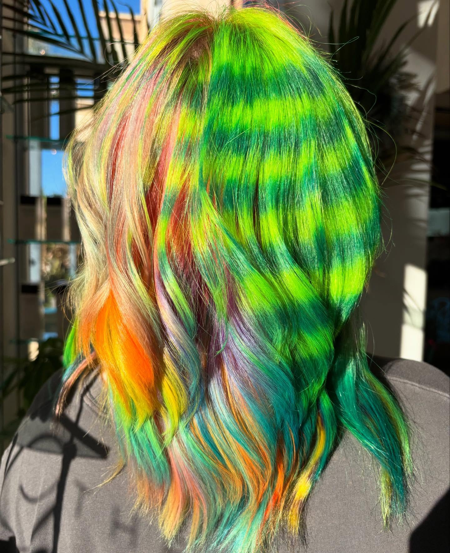 Neon Green-Teal Checkerband Lob with Multicolor Peekaboo Slices