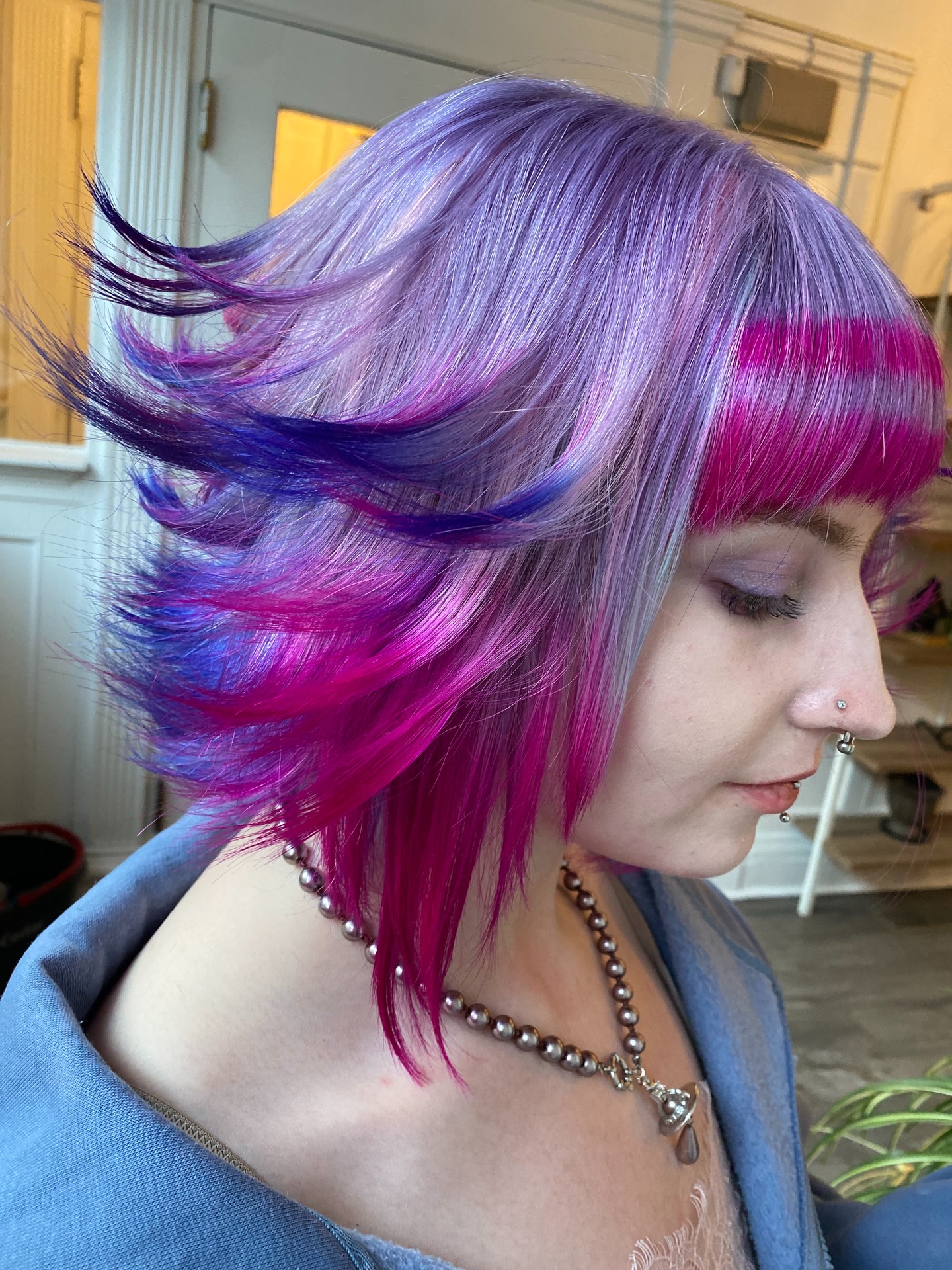 Pastel Lavender Flip Bob with Banded Fuchsia Fringe