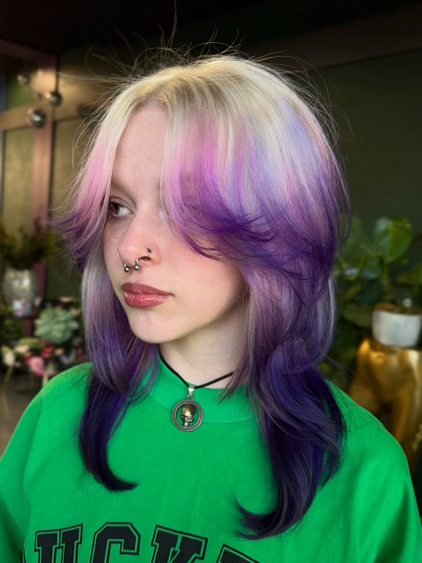 Platinum Curtain-Bang Shag with Lavender-to-Violet Balayage