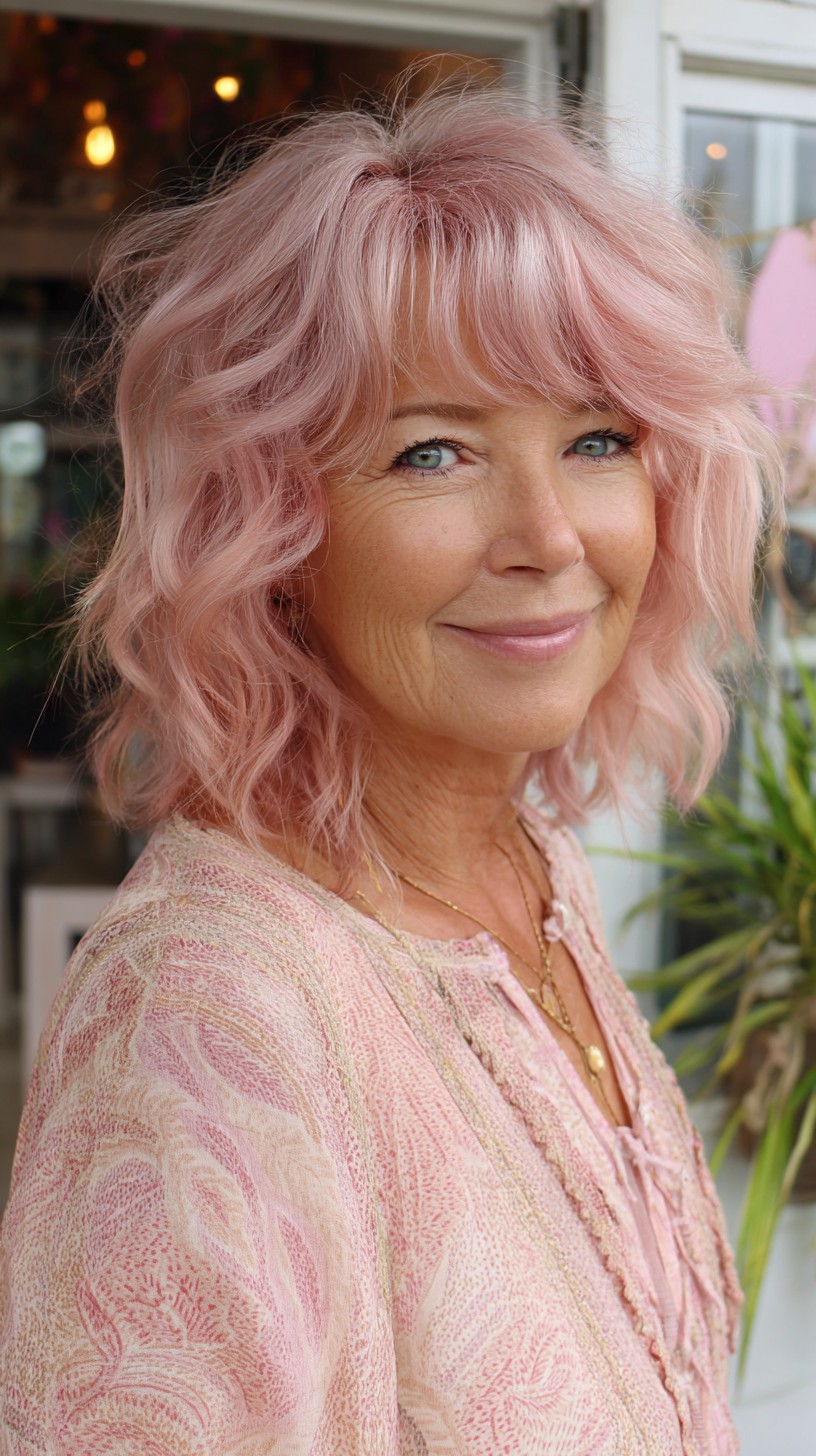 Rose-Pastel Mid-Length Textured Shag with Feathered Face-Framing Fringe