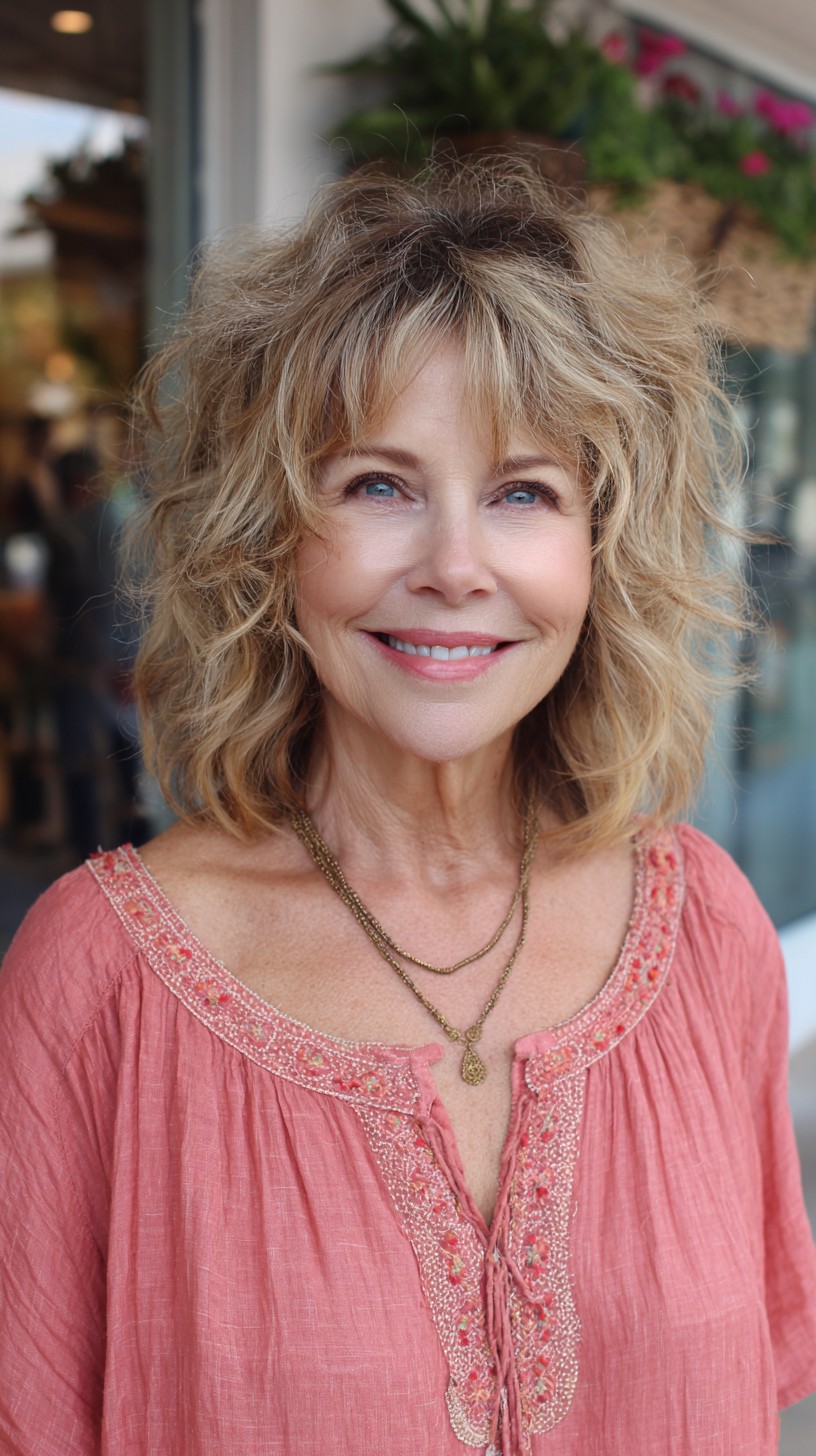 Salt-and-Pepper Shoulder-Length Boho Shag with Feathered Curtain Fringe
