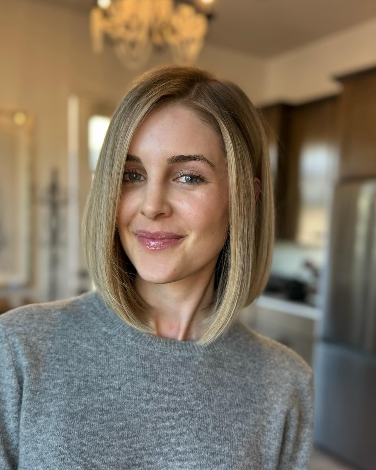 Sleek Angled Lob with Soft Face-Framing Balayage