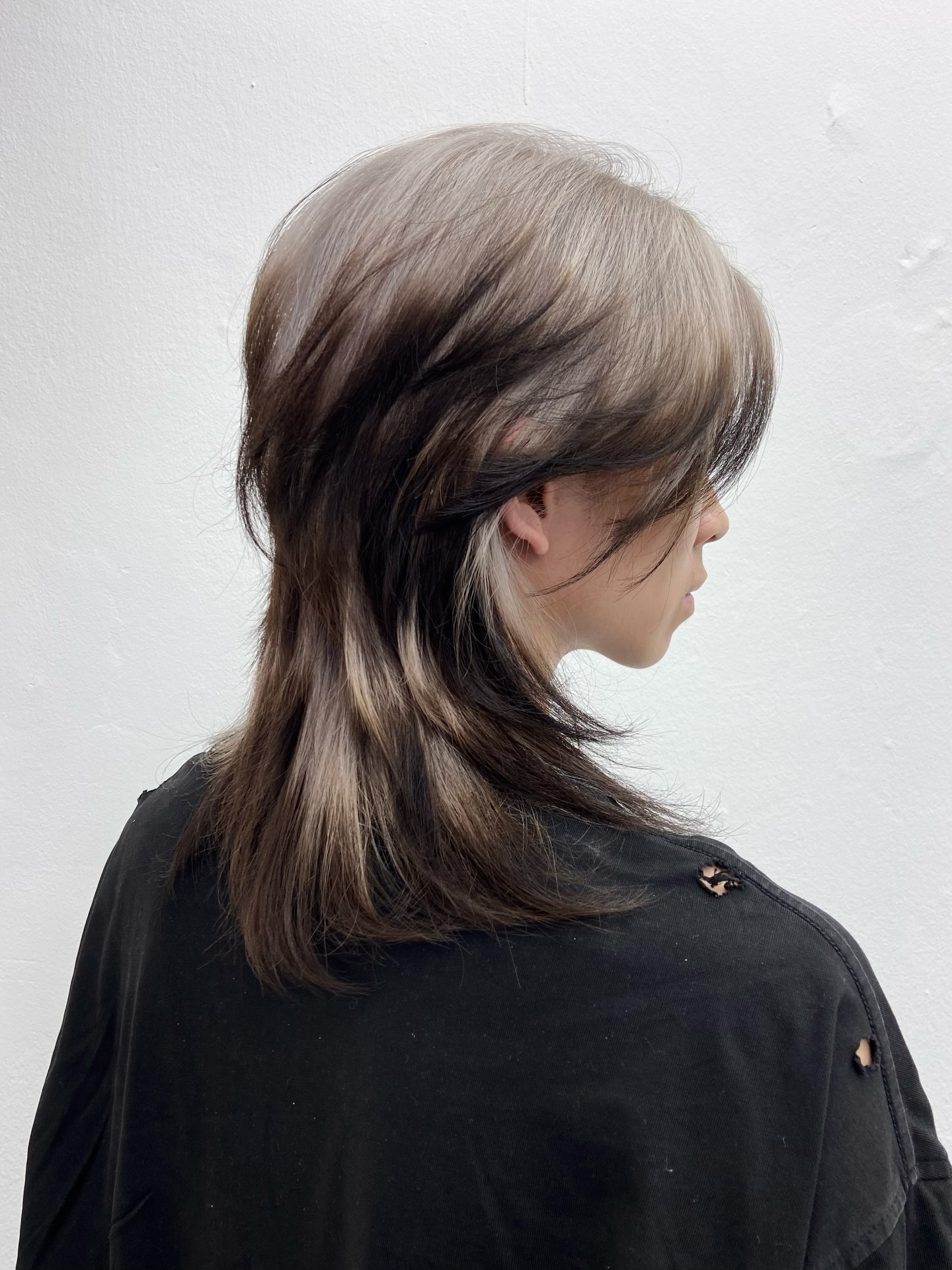 Smoky Ash Layered Mullet with Disconnected Face-Framing Highlight