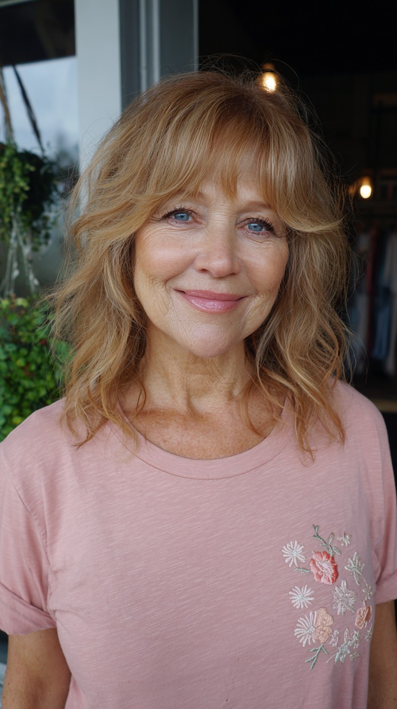 Soft Caramel Layered Boho Shag with Face-Softening Fringe