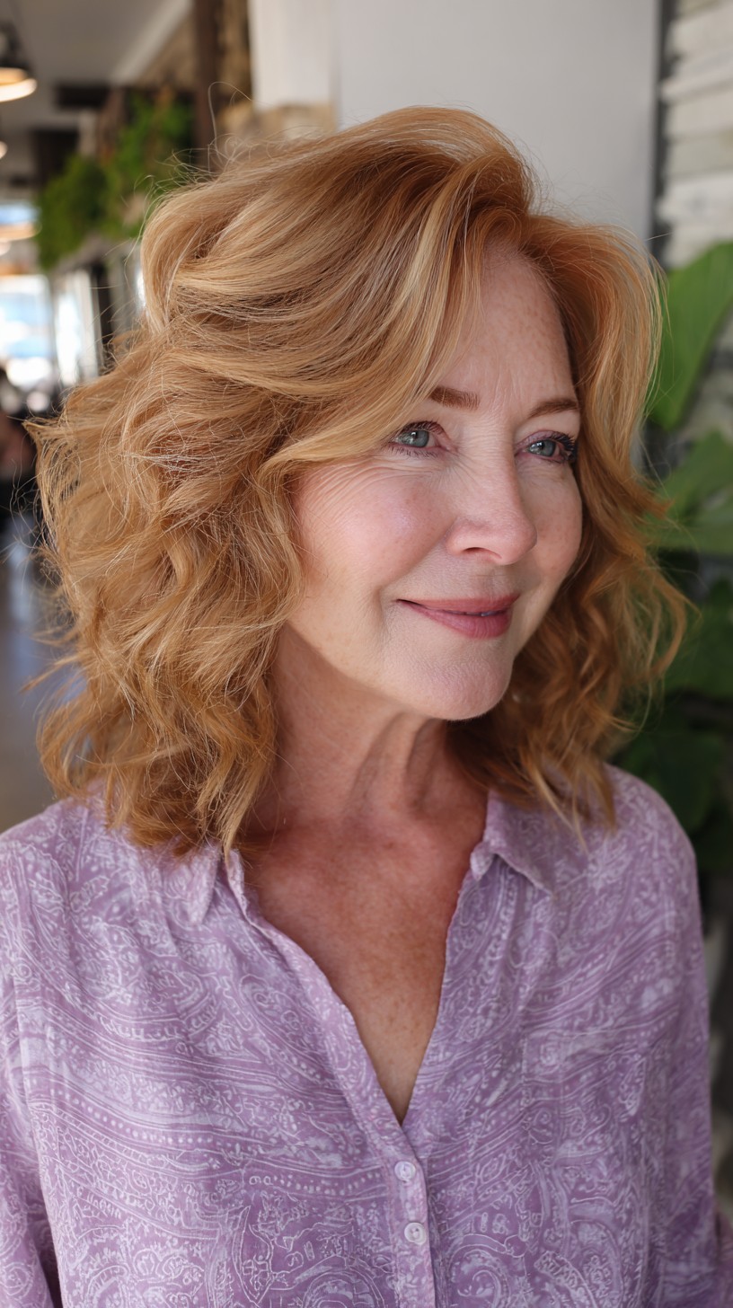 Soft Copper Shoulder-Length Layered Shag with Subtle Curtain Fringe