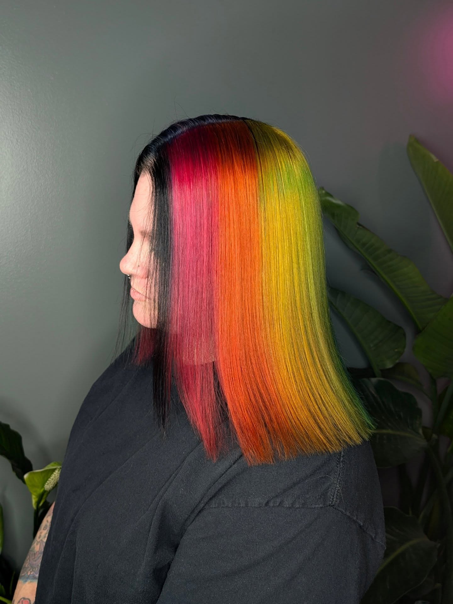 Straight Blunt Lob with Vertical Rainbow Panels and Black Face-Frame