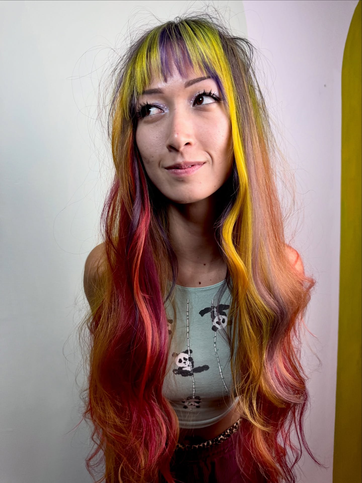 Sunset Ribbon Curtain Bangs with Neon Face-Framing Streaks