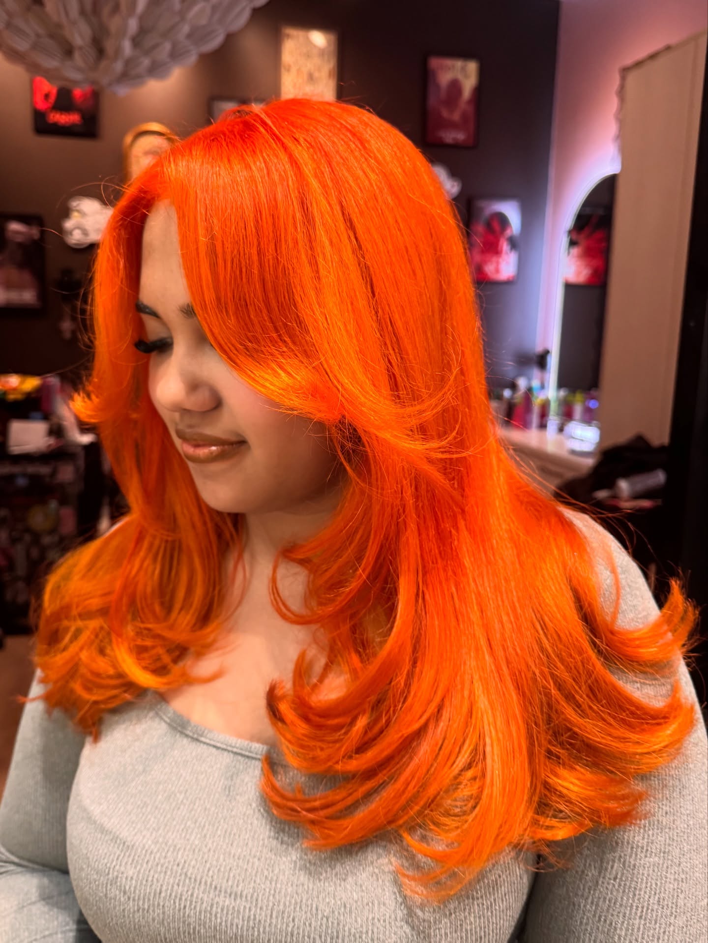 Tangerine Curtain-Framed Long Layers with Flipped Ends
