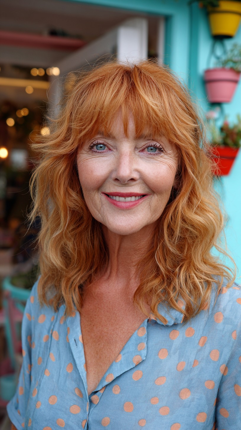 Textured Mid-Length Copper Boho Shag with Micro Curtain Bangs