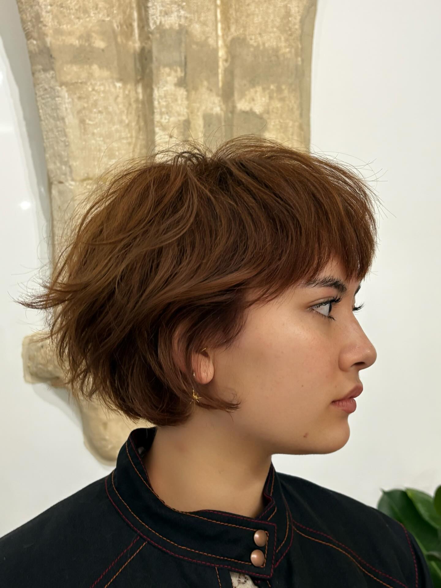 Textured Short Layered Bob with Micro Bangs and Chestnut Gloss
