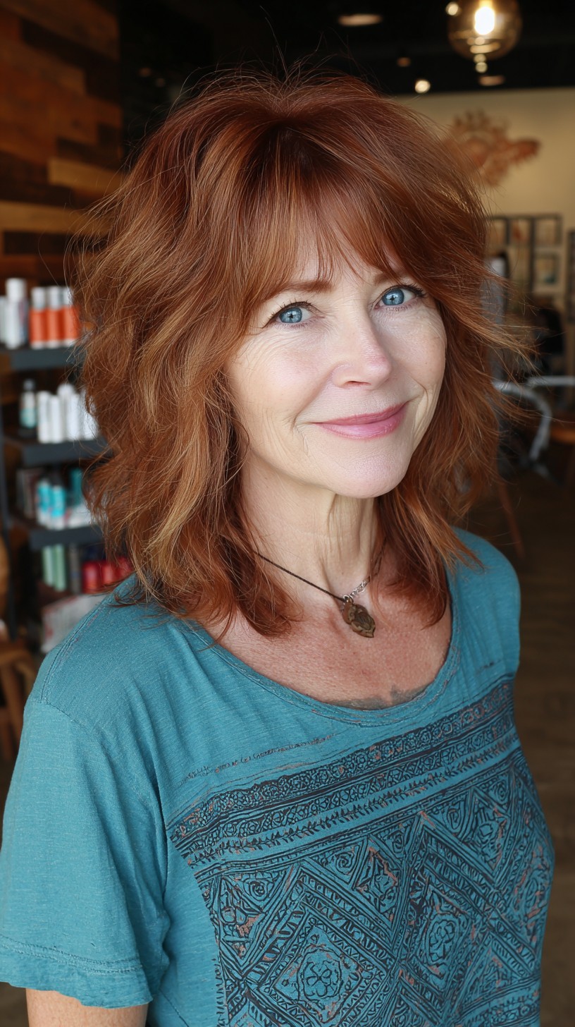 Warm Auburn Feathered Shag with Short Blended Fringe