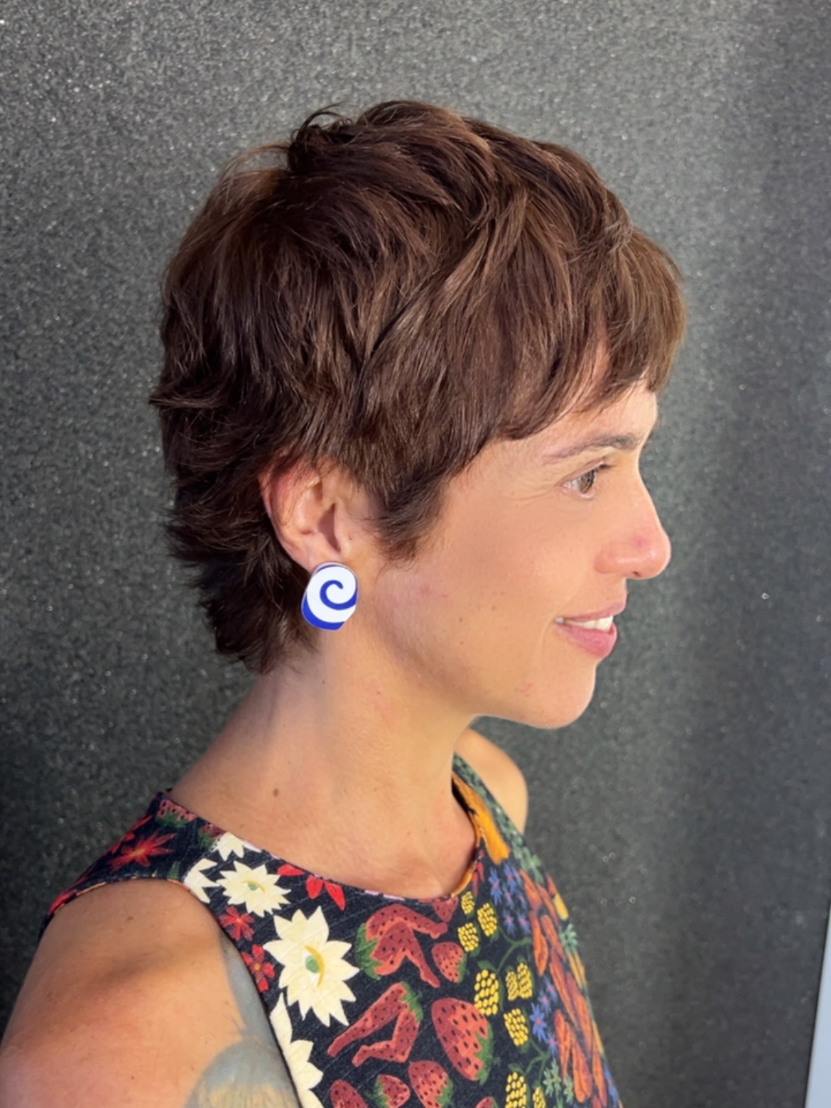 Warm Chestnut Soft Pixie with Tapered Nape and Short Fringe