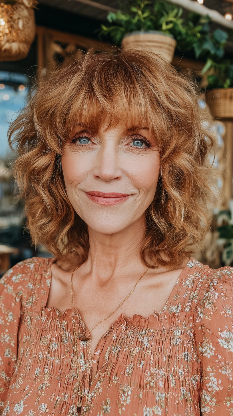Warm Copper Textured Shag with Soft Brow-Length Fringe