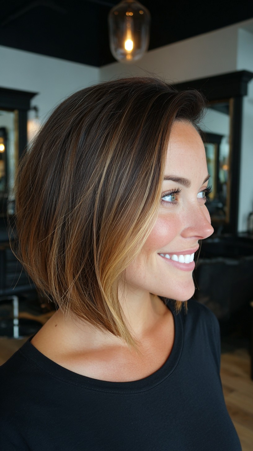 Angled Sunlit Inverted Bob with Face-Framing Blonde Slice