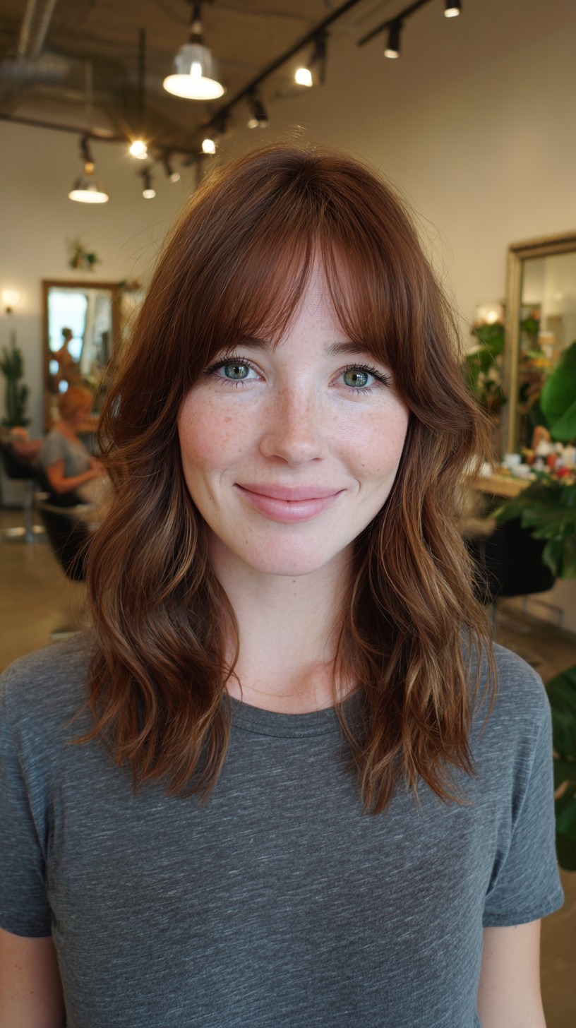 Auburn Shoulder-Grazing Waves with Sheer Eyelash-Skimming Fringe