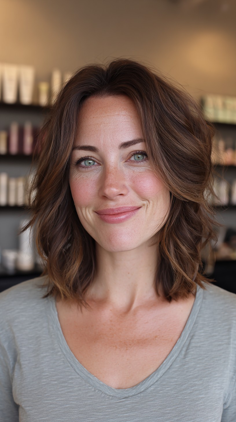 Breezy Shoulder-Grazing Lob with Soft Root-Smudge Face-Framing