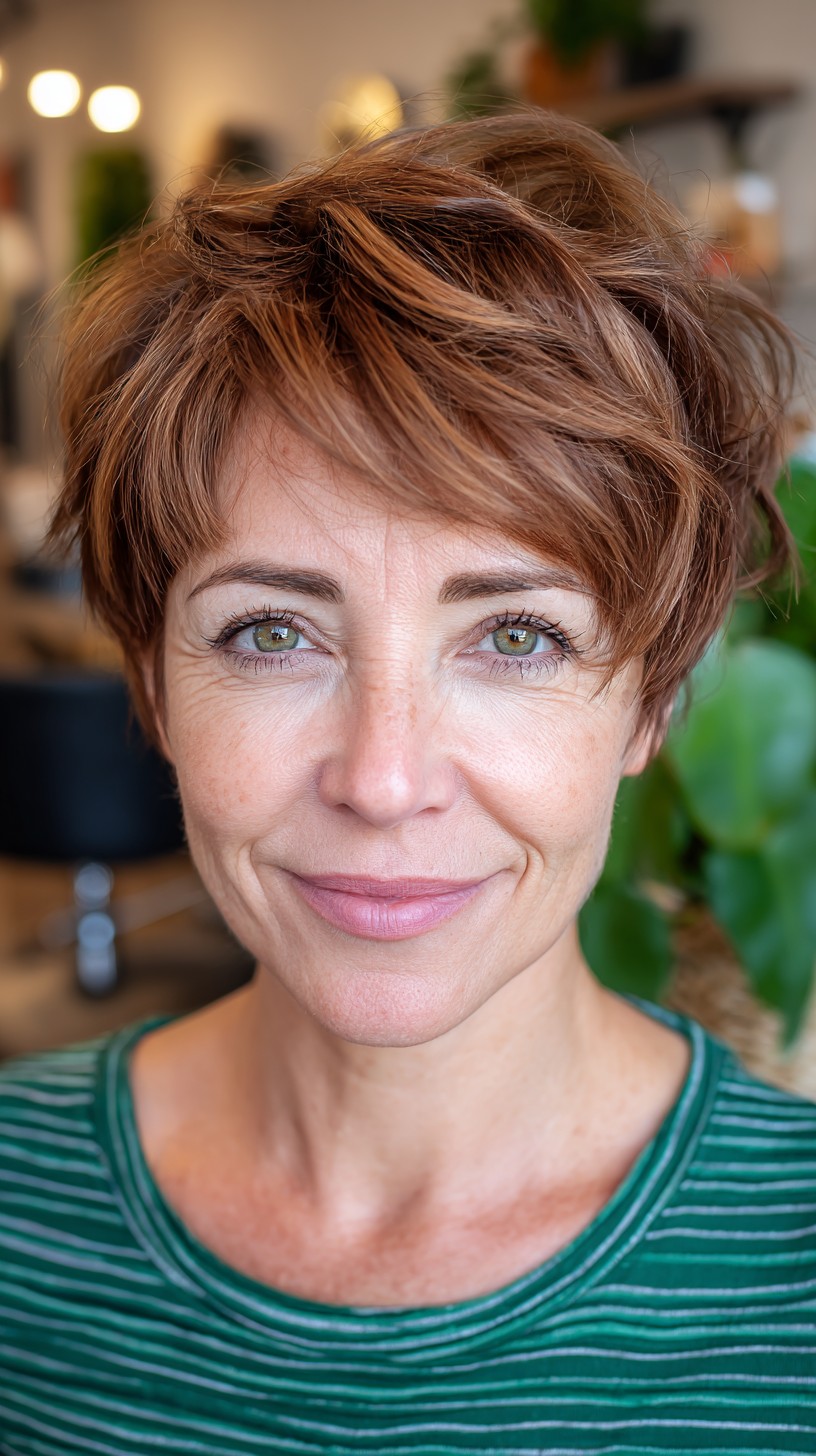 Choppy Chestnut Pixie with Elevated Crown and Soft Side Sweep