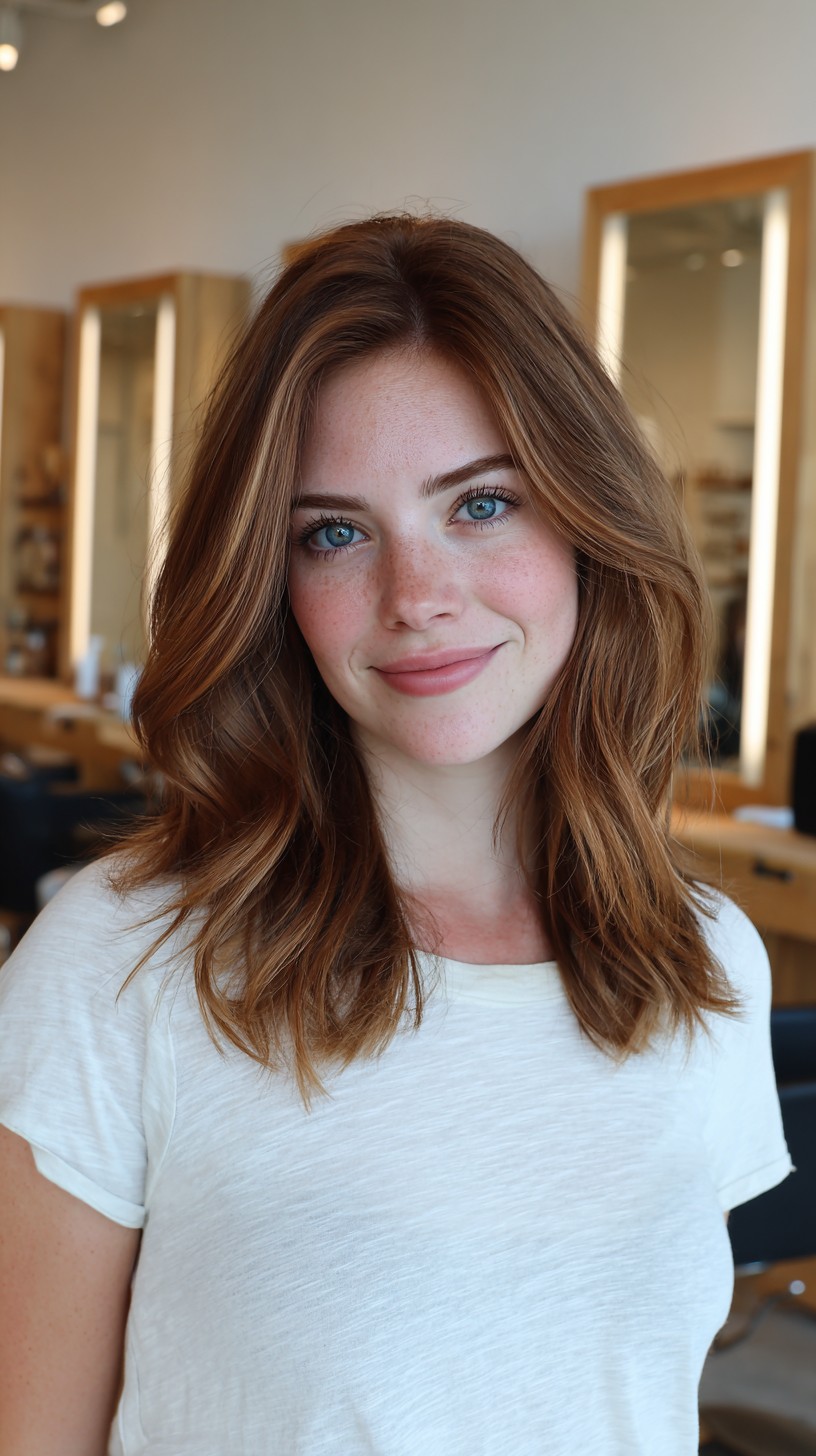 Copper Shoulder-Grazing Layers with Soft Center Curtain and Money-Piece Highlight