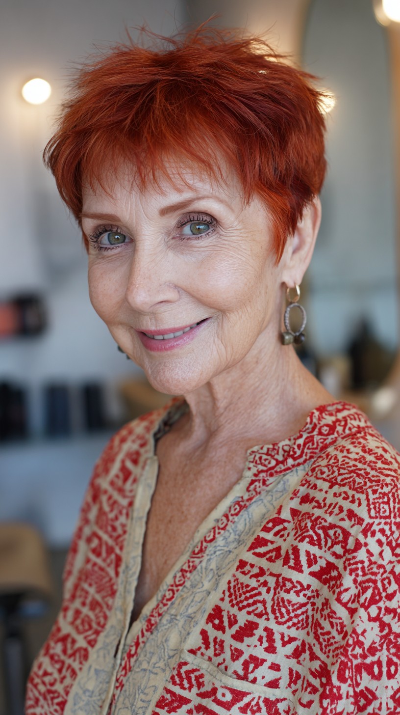 Cropped Fiery Red Textured Pixie with Airy Fringe