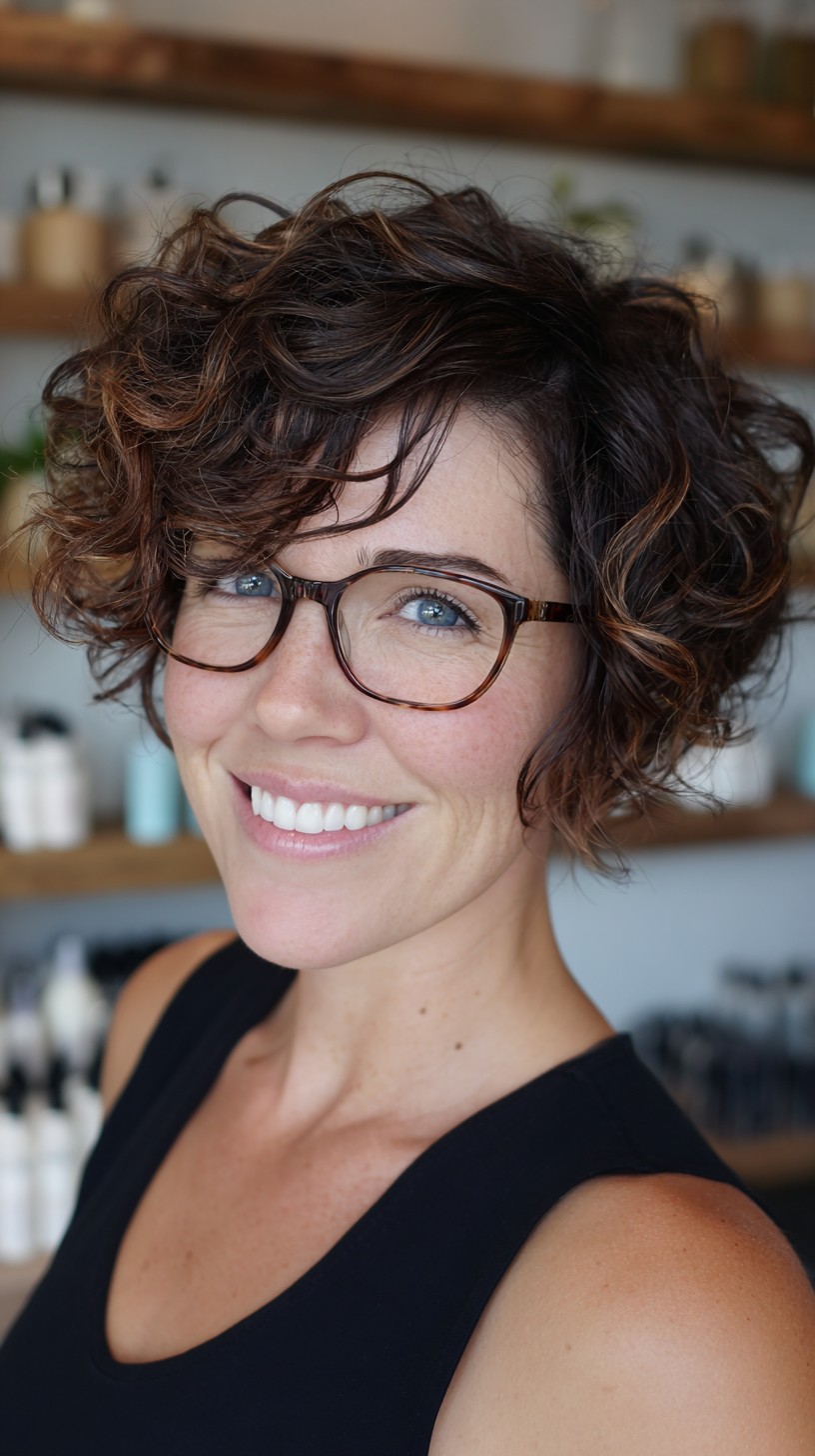 Curly Asymmetrical Stacked Bob with Glasses-Friendly Fringe