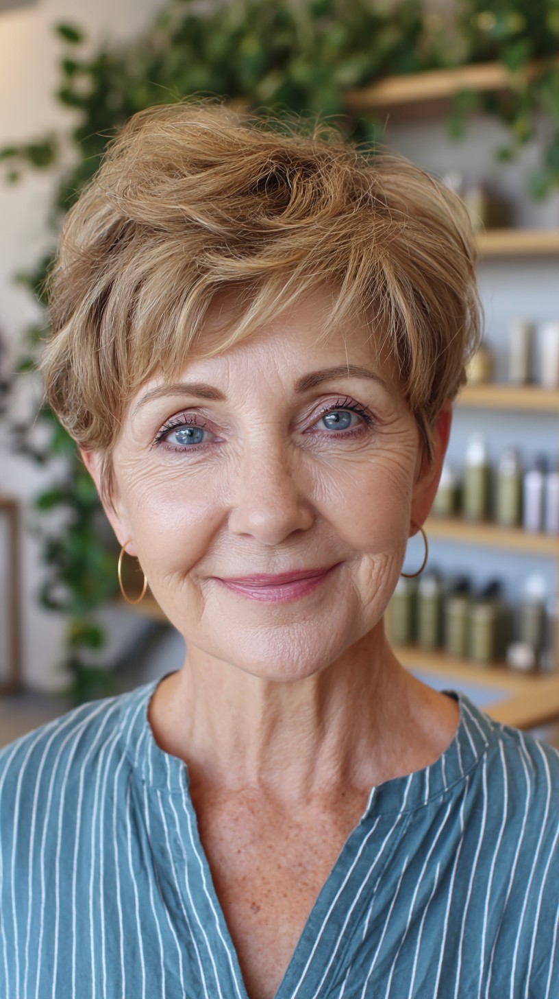 Lifted Sandy Blonde Textured Pixie with Soft Side Fringe