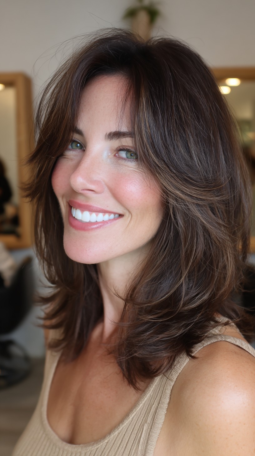 Mid-Length Feathered Curtain Fringe with Warm Chestnut Balayage