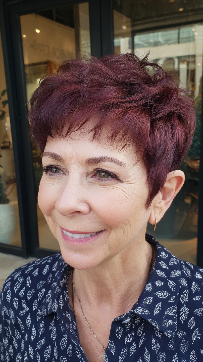 Plum Textured Air-Dried Short Pixie with Micro Fringe