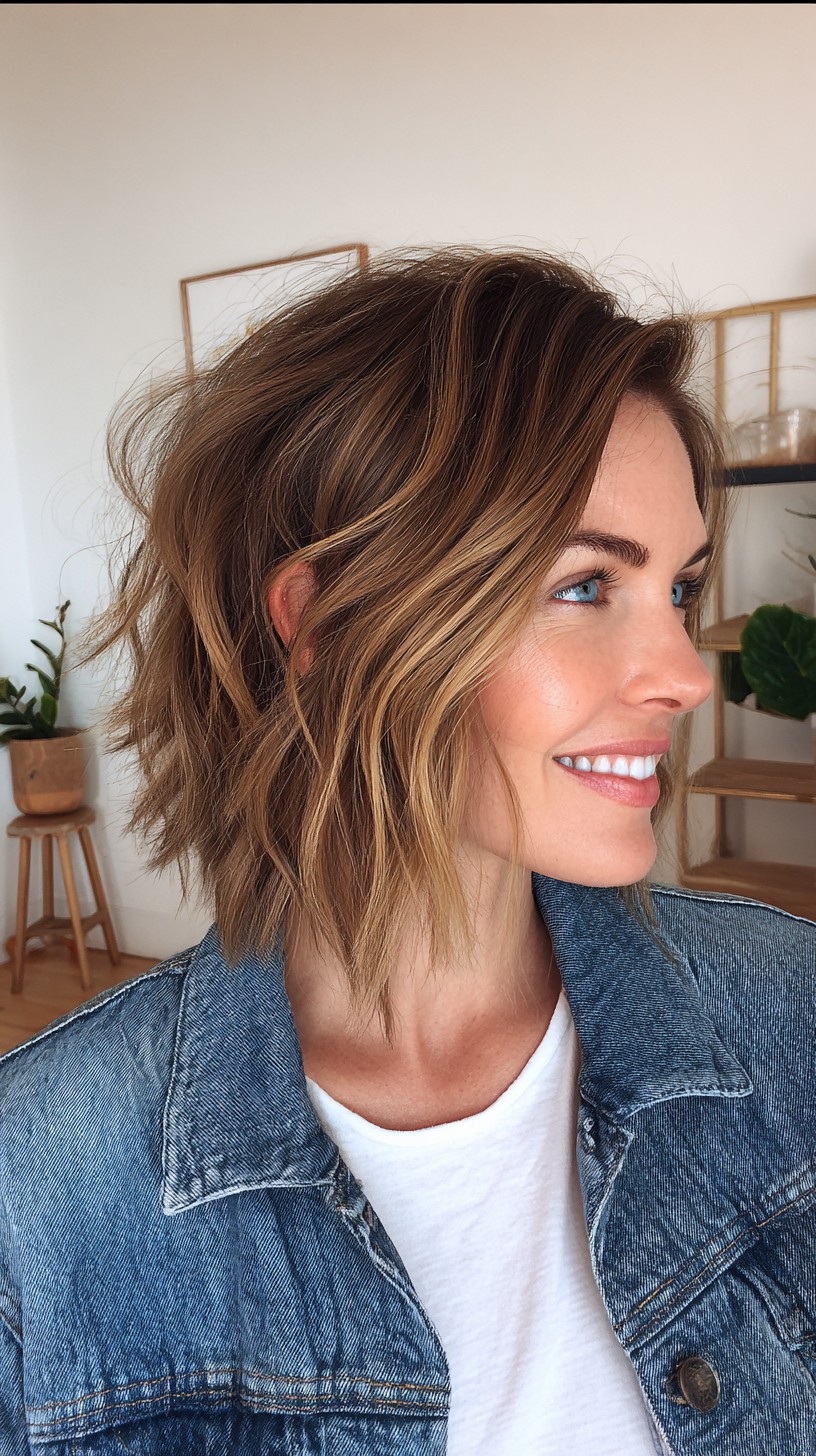 Razor-Textured Chin-Length Lob with Warm Blonde Accents
