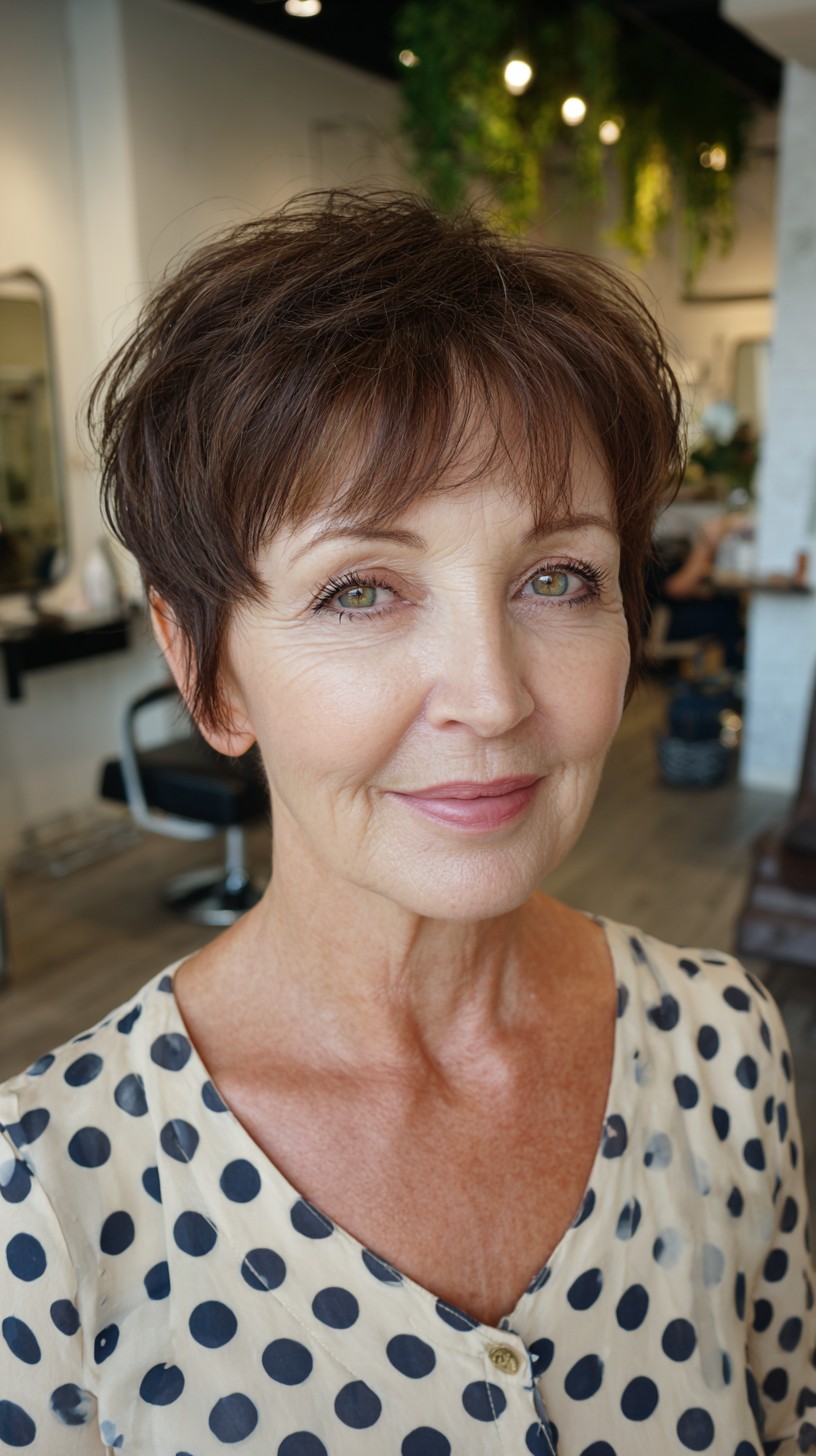 Short Chestnut Pixie with Micro-Bangs and Crown Lift