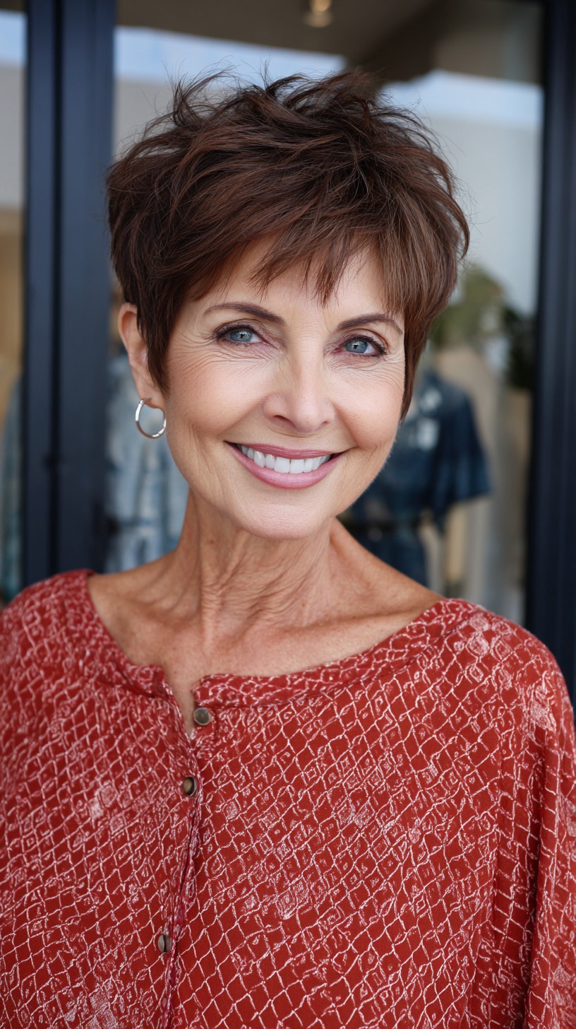 Short Chestnut Textured Pixie with Tapered Nape
