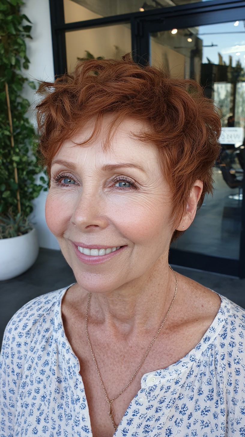 Short Copper Textured Pixie with Wispy Micro Fringe