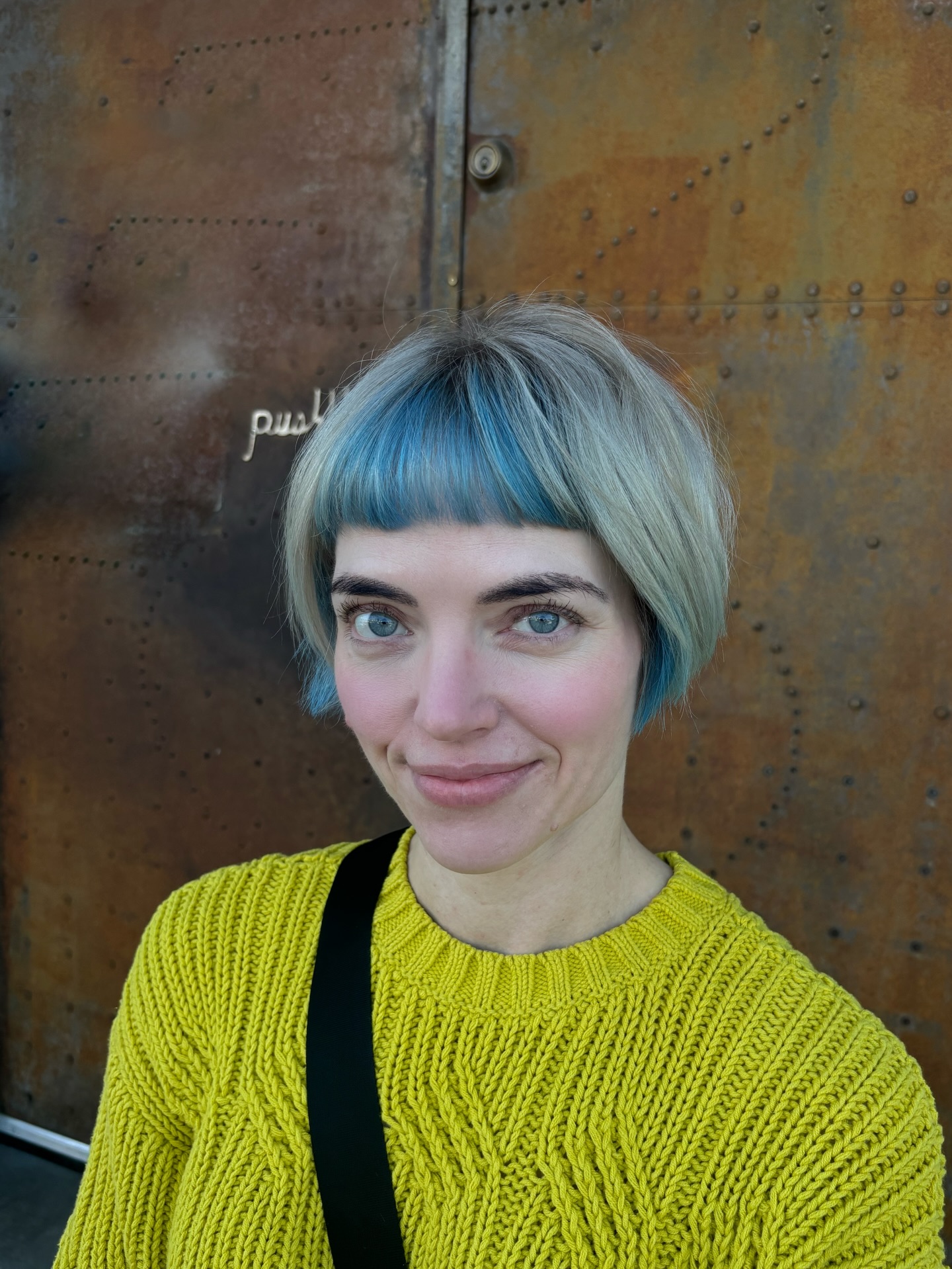 Short Jaw-Grazing Bob with Blue Peekaboo Micro Fringe