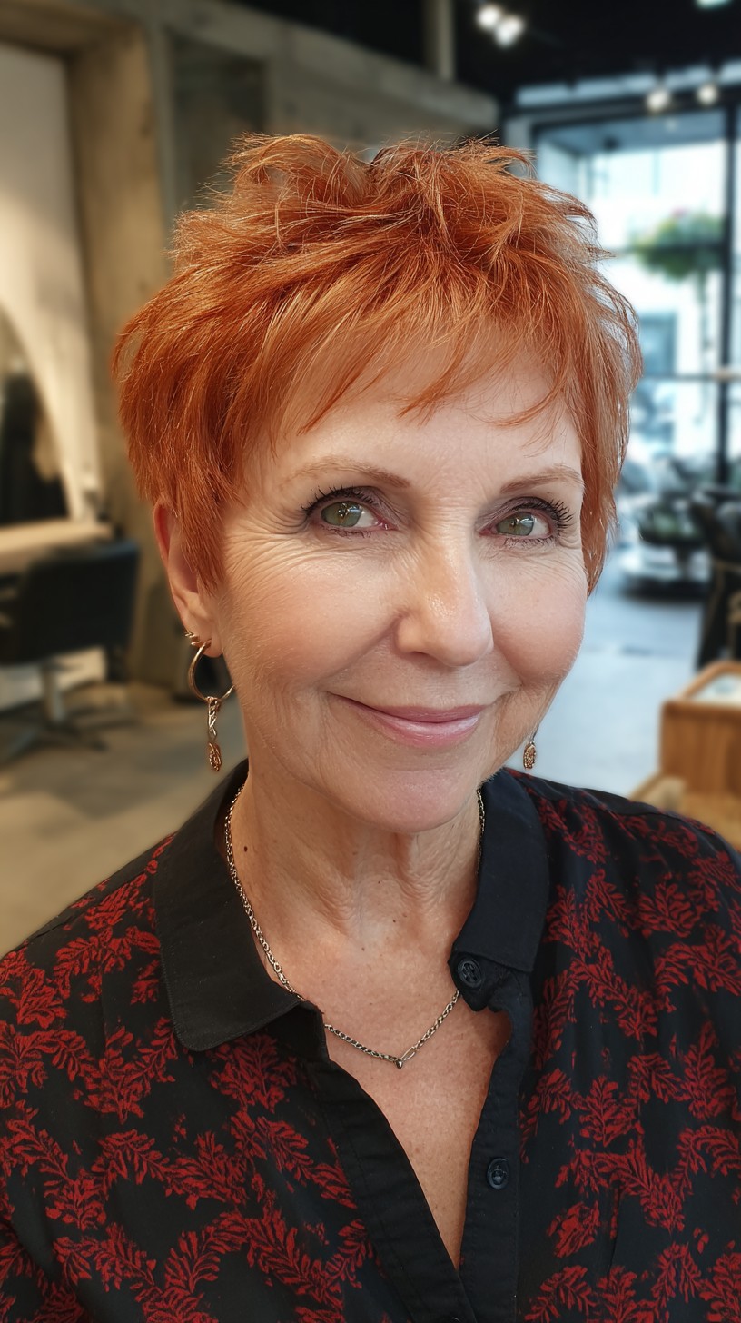 Short Spiky Copper Pixie with Wispy Angled Micro-Fringe