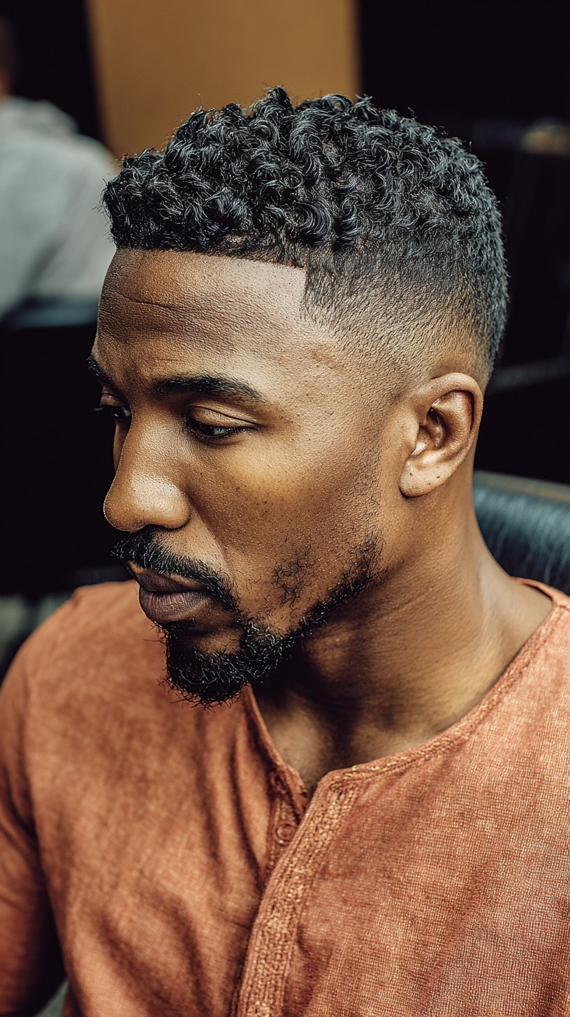 Short Tapered Curls with Crisp Line-Up and Low Fade