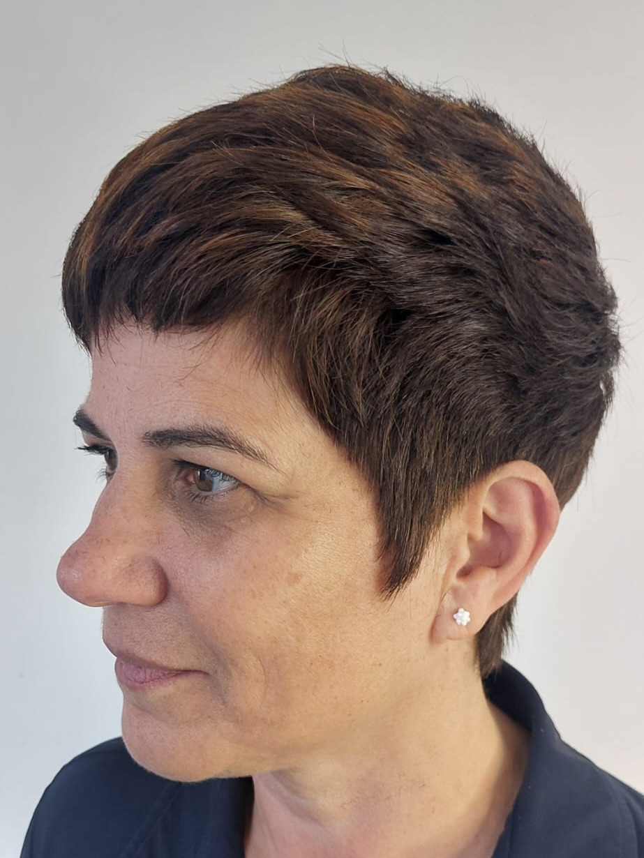 Short Textured Pixie with Ear-Skimming Perimeter and Warm Lowlights