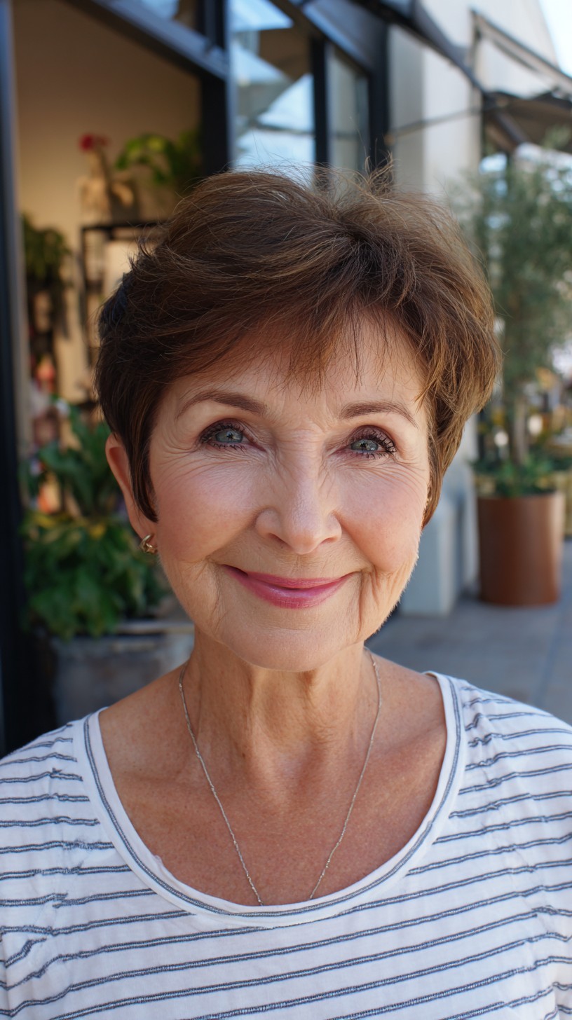Soft Brushed Brown Pixie with Wispy Side Fringe and Crown Lift